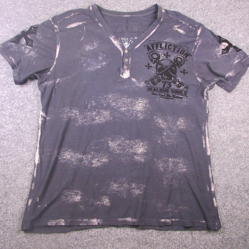 Affliction Shirt Mens Large Gray Henley Jealous Souls Skull Graphic Gothic Tee